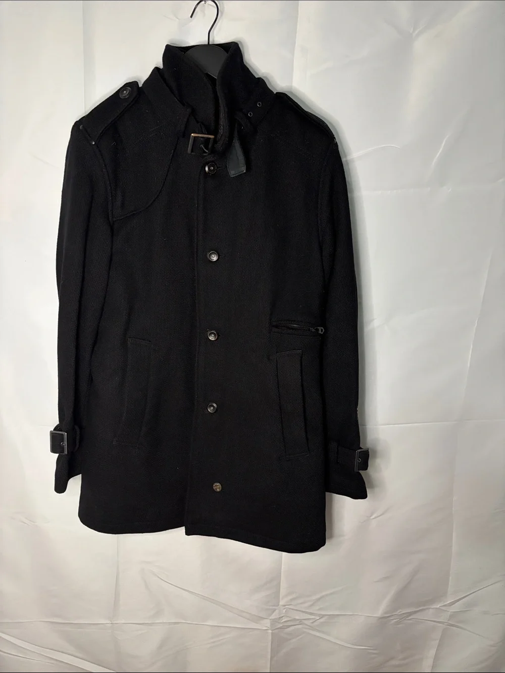 G-Star Black Trench Coat with Stand Collar & Buckle Accents